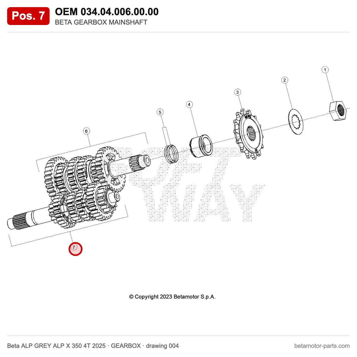 BETA GEARBOX MAINSHAFT – OEM 034.04.006.00.00, position 7 on the Beta ALP GREY ALP X 350 4T 2025 gearbox drawing
