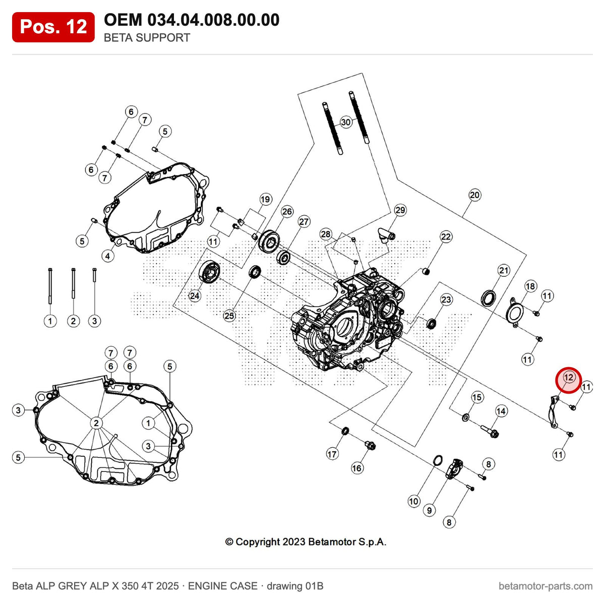 BETA SUPPORT – OEM 034.04.008.00.00, position 12 on the Beta ALP GREY ALP X 350 4T 2025 engine case drawing