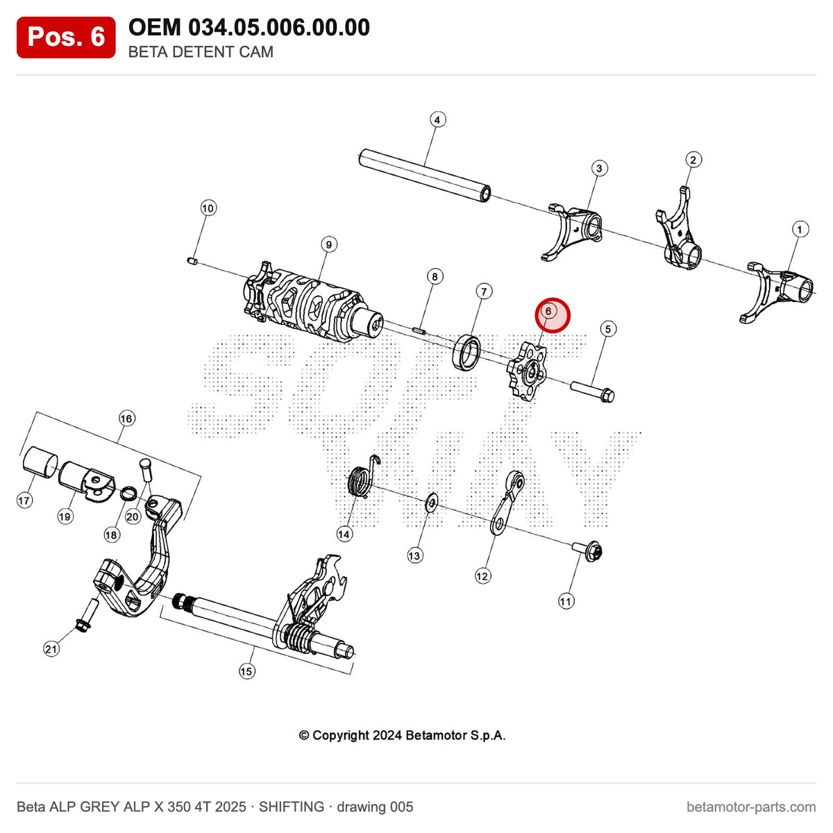 BETA DETENT CAM – OEM 034.05.006.00.00, position 6 on the Beta ALP GREY ALP X 350 4T 2025 shifting drawing