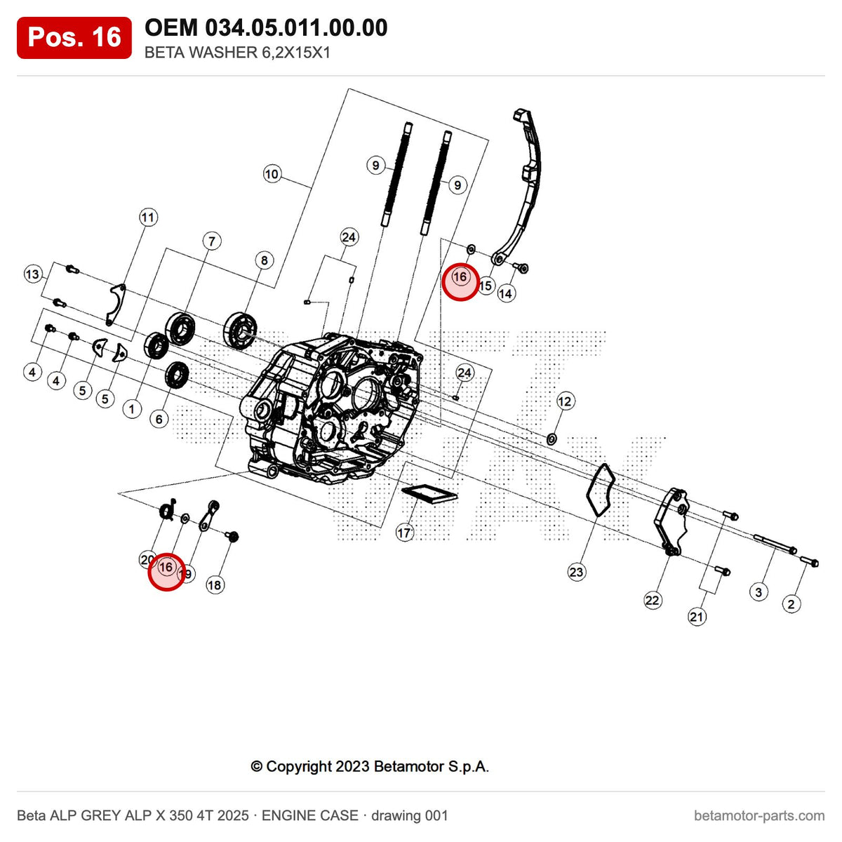 BETA WASHER 6,2X15X1 – OEM 034.05.011.00.00, position 16 on the Beta ALP GREY ALP X 350 4T 2025 engine case drawing