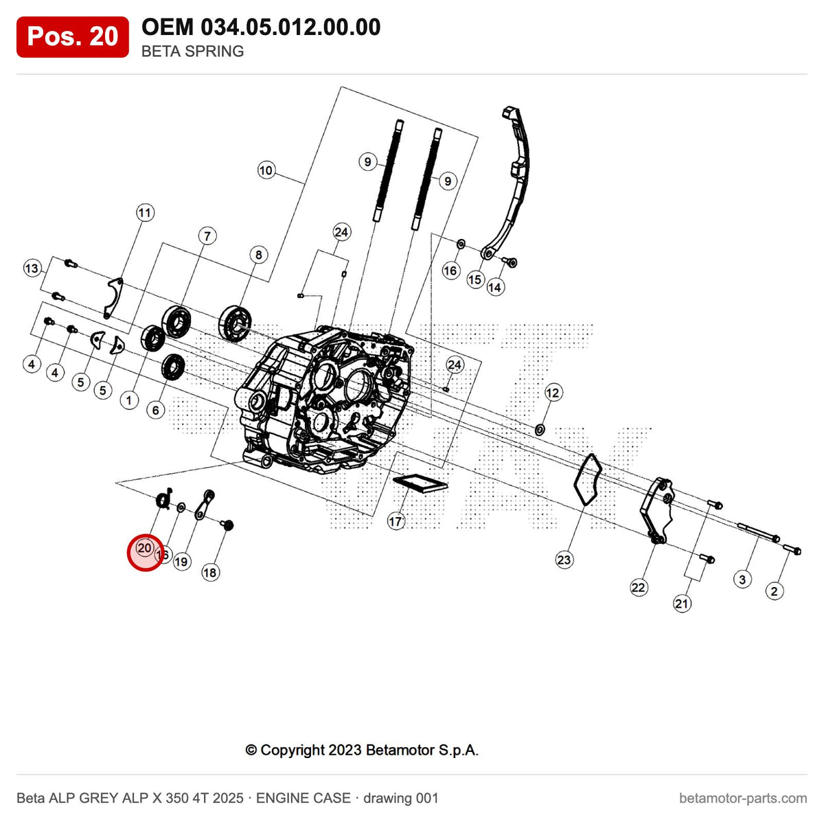 BETA SPRING – OEM 034.05.012.00.00, position 20 on the Beta ALP GREY ALP X 350 4T 2025 engine case drawing