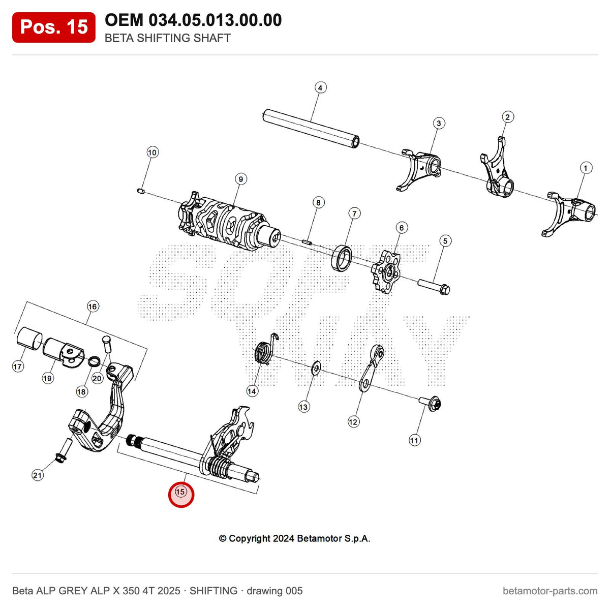 BETA SHIFTING SHAFT – OEM 034.05.013.00.00, position 15 on the Beta ALP GREY ALP X 350 4T 2025 shifting drawing