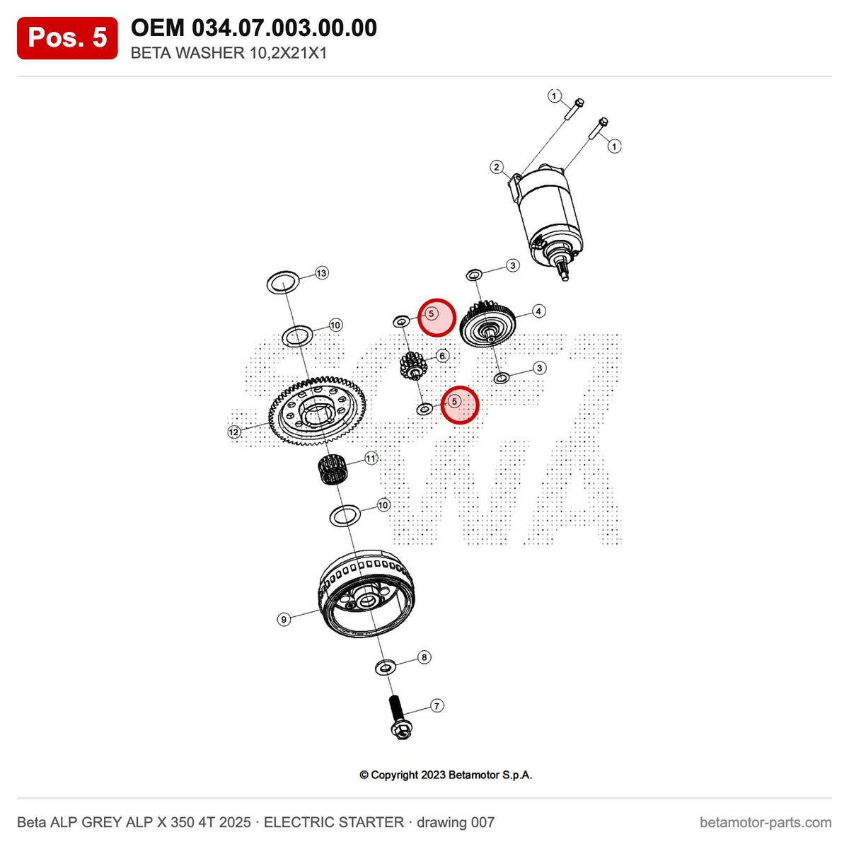 BETA WASHER 10,2X21X1 – OEM 034.07.003.00.00, position 5 on the Beta ALP GREY ALP X 350 4T 2025 elettricstarter drawing