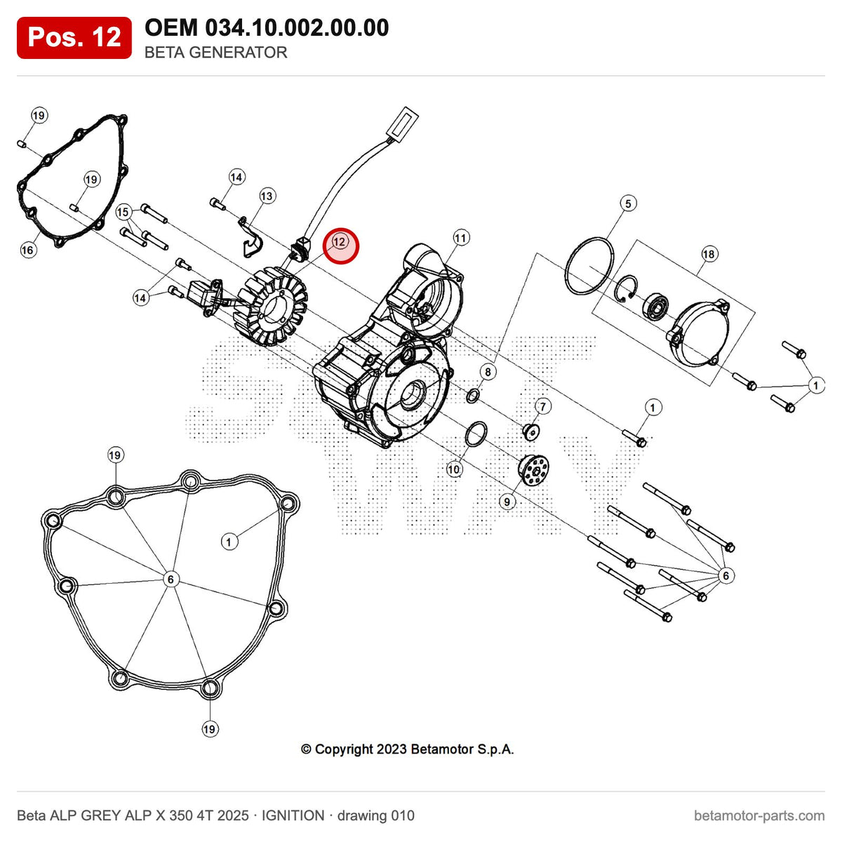 BETA GENERATOR – OEM 034.10.002.00.00, position 12 on the Beta ALP GREY ALP X 350 4T 2025 ignition drawing