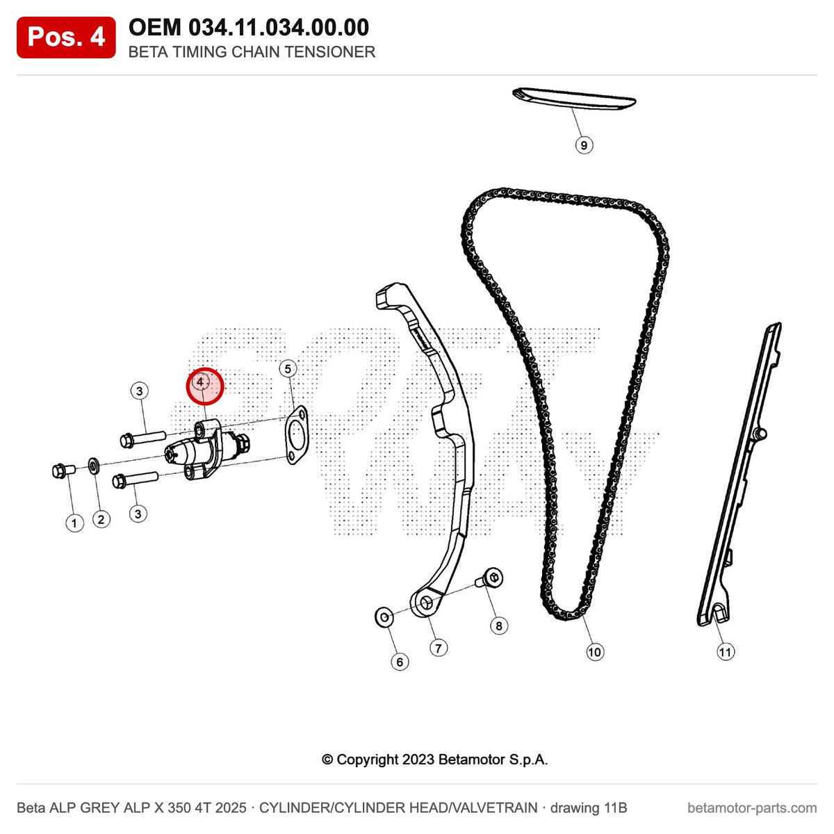 BETA TIMING CHAIN TENSIONER – OEM 034.11.034.00.00, position 4 on the Beta ALP GREY ALP X 350 4T 2025 cylinder/cylinder head/valvetrain drawing