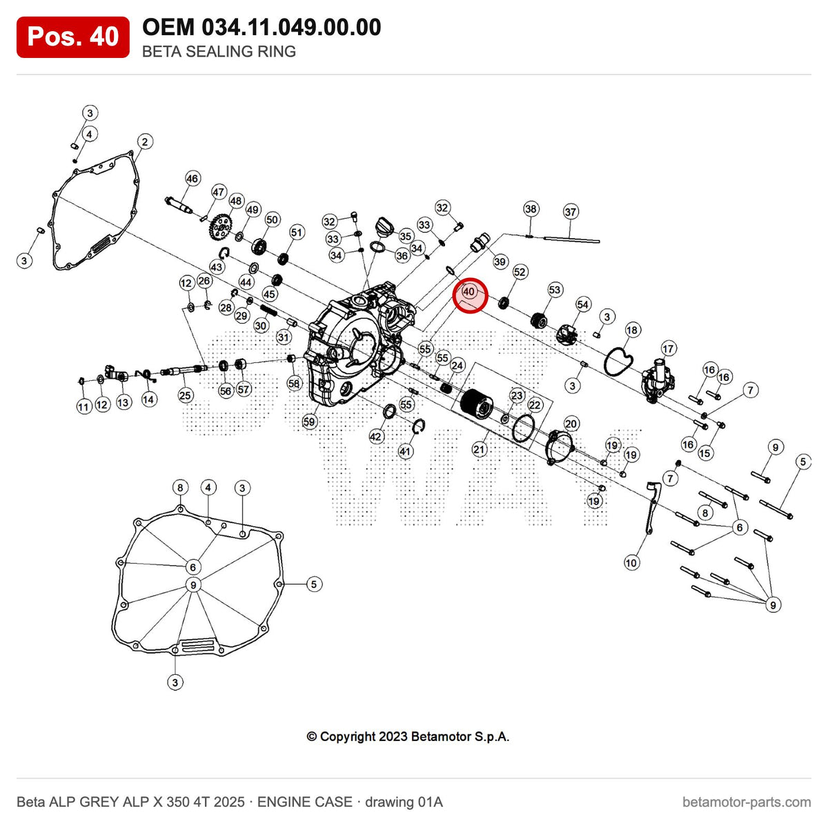 BETA SEALING RING – OEM 034.11.049.00.00, position 40 on the Beta ALP GREY ALP X 350 4T 2025 engine case drawing