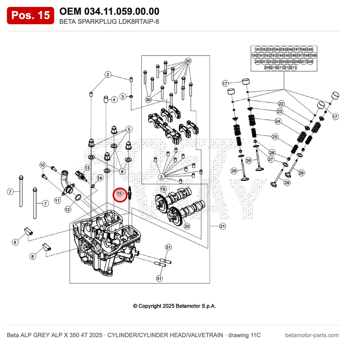 BETA SPARKPLUG LDK8RTAIP-8 – OEM 034.11.059.00.00, position 15 on the Beta ALP GREY ALP X 350 4T 2025 cylinder/cylinder head/valvetrain drawing