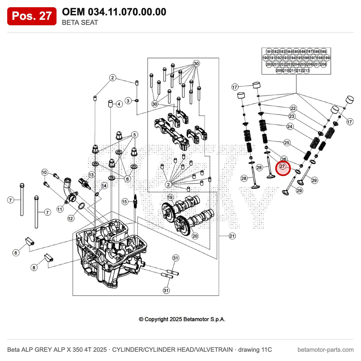 BETA SEAT – OEM 034.11.070.00.00, position 27 on the Beta ALP GREY ALP X 350 4T 2025 cylinder/cylinder head/valvetrain drawing