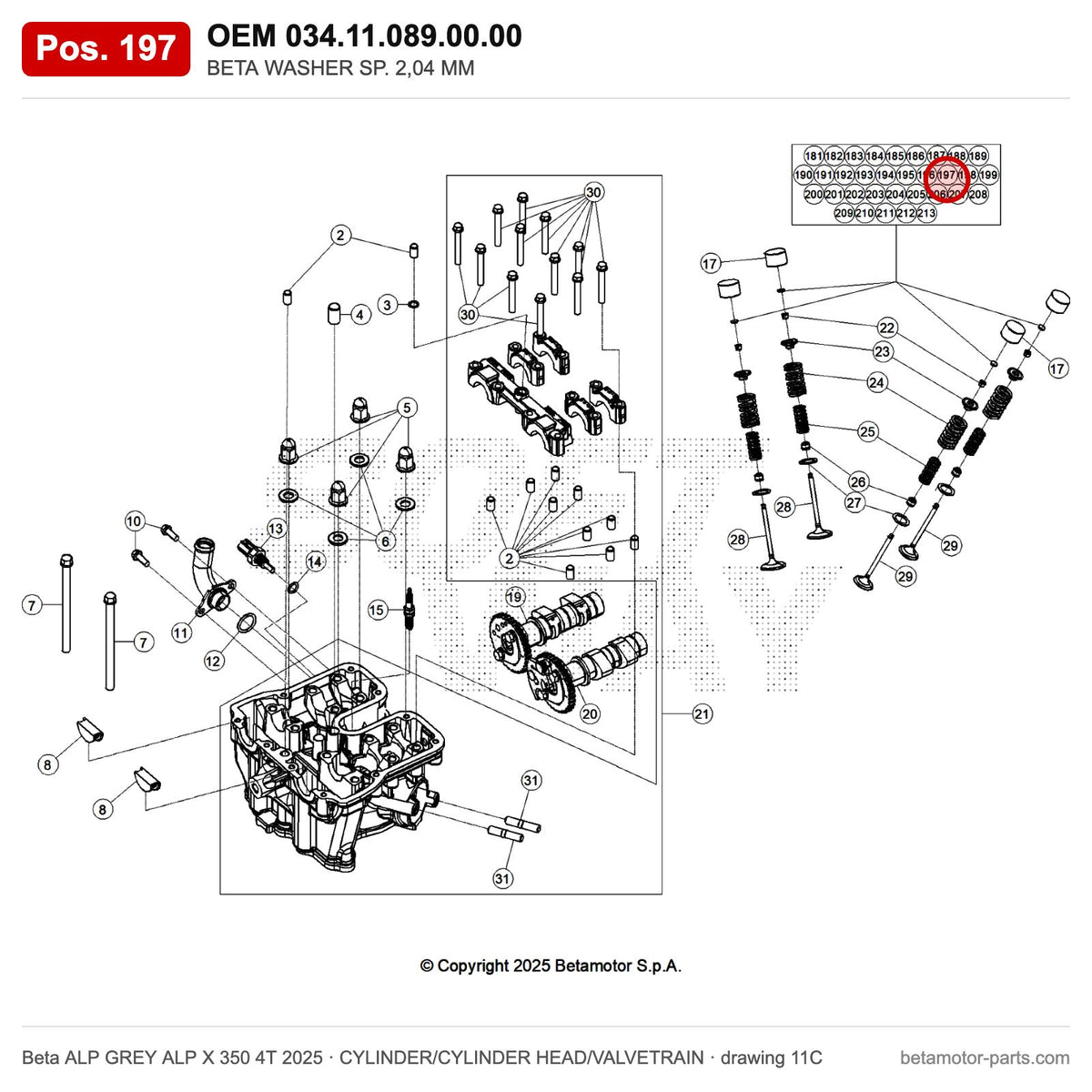 BETA WASHER SP. 2,04 MM – OEM 034.11.089.00.00, position 197 on the Beta ALP GREY ALP X 350 4T 2025 cylinder/cylinder head/valvetrain drawing