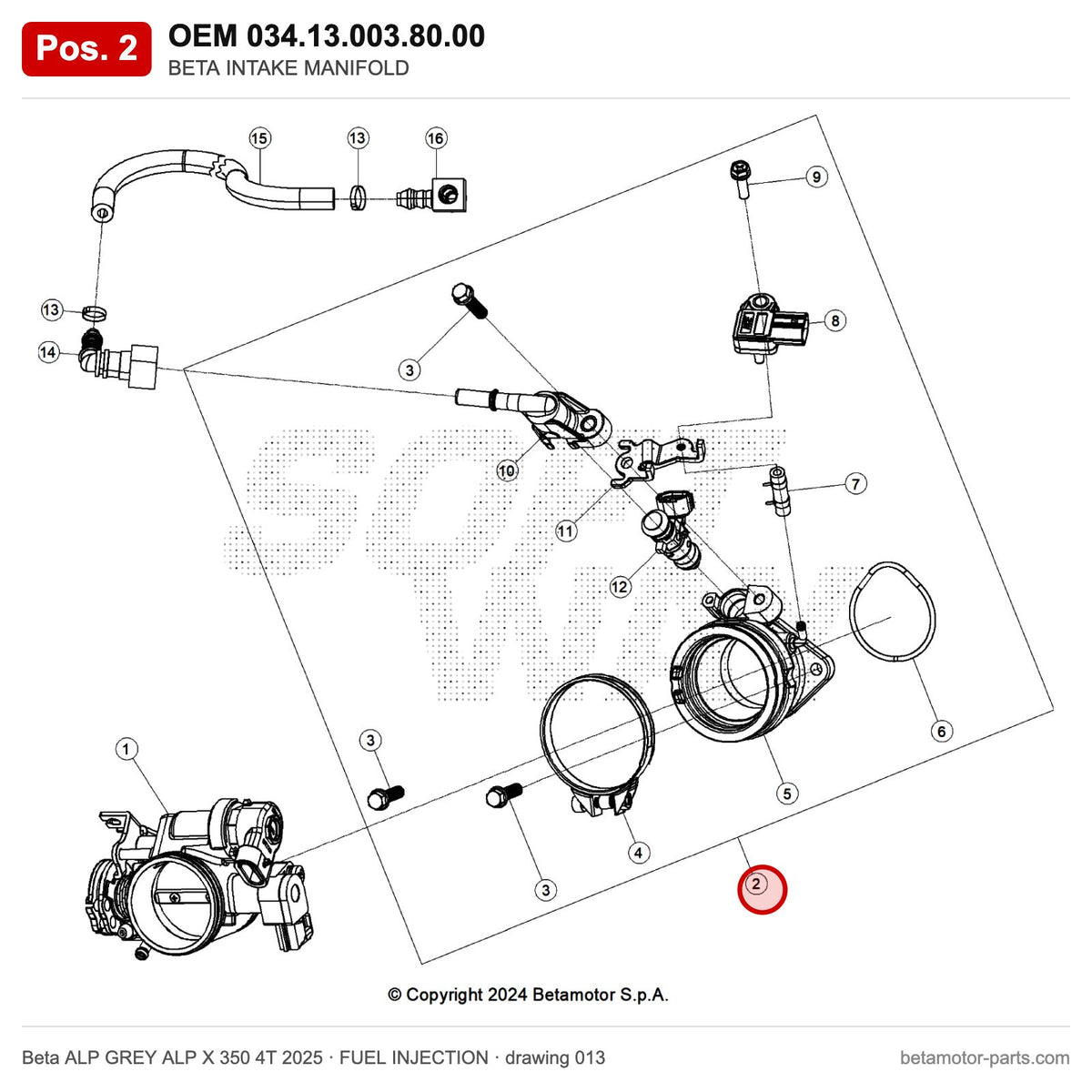 BETA INTAKE MANIFOLD – OEM 034.13.003.80.00, position 2 on the Beta ALP GREY ALP X 350 4T 2025 fuel injection drawing