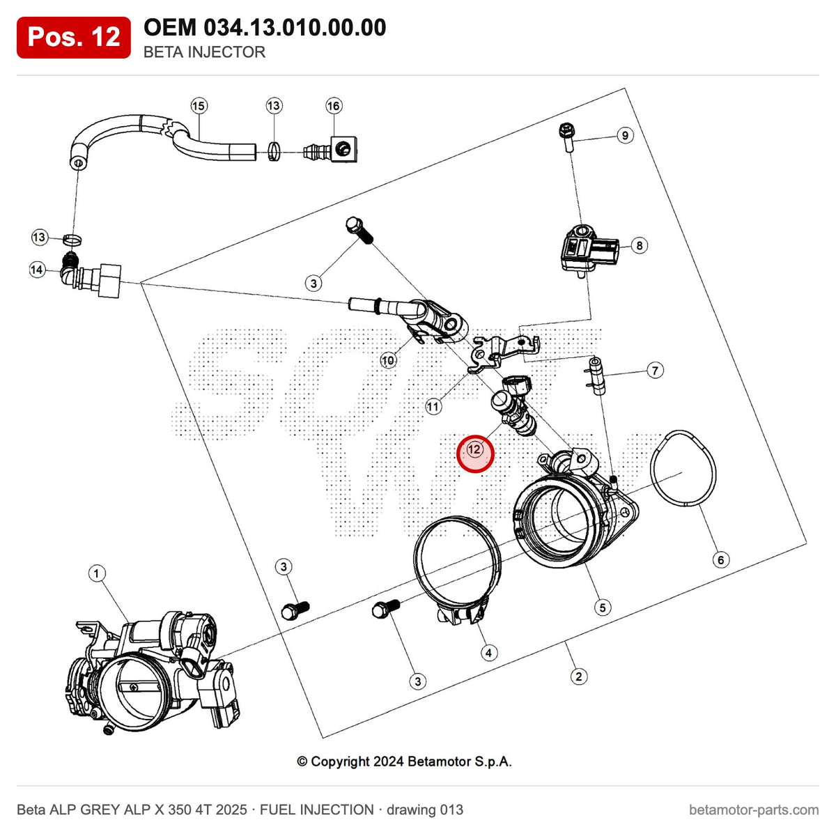 BETA INJECTOR – OEM 034.13.010.00.00, position 12 on the Beta ALP GREY ALP X 350 4T 2025 fuel injection drawing