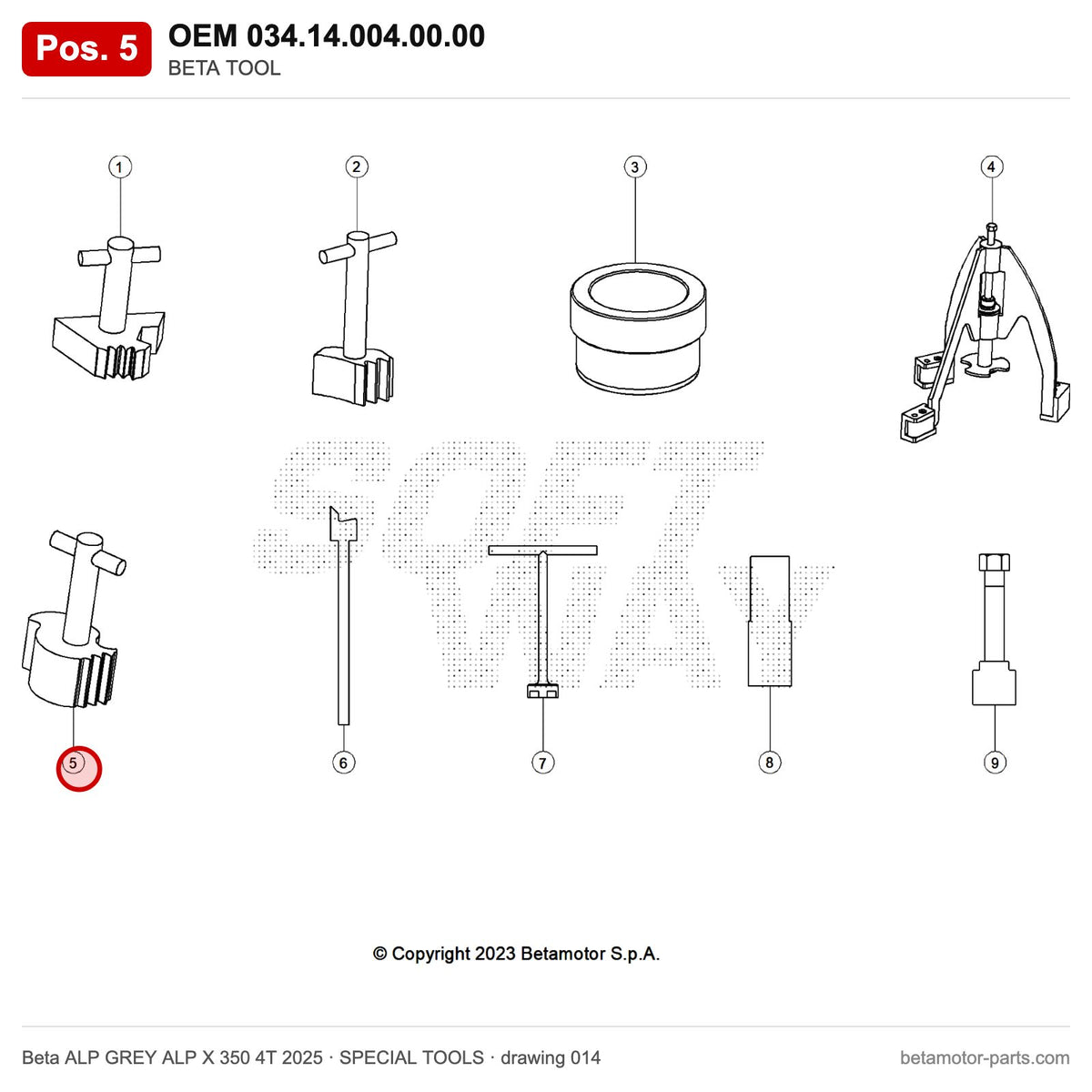 BETA TOOL – OEM 034.14.004.00.00, position 5 on the Beta ALP GREY ALP X 350 4T 2025 special tools drawing