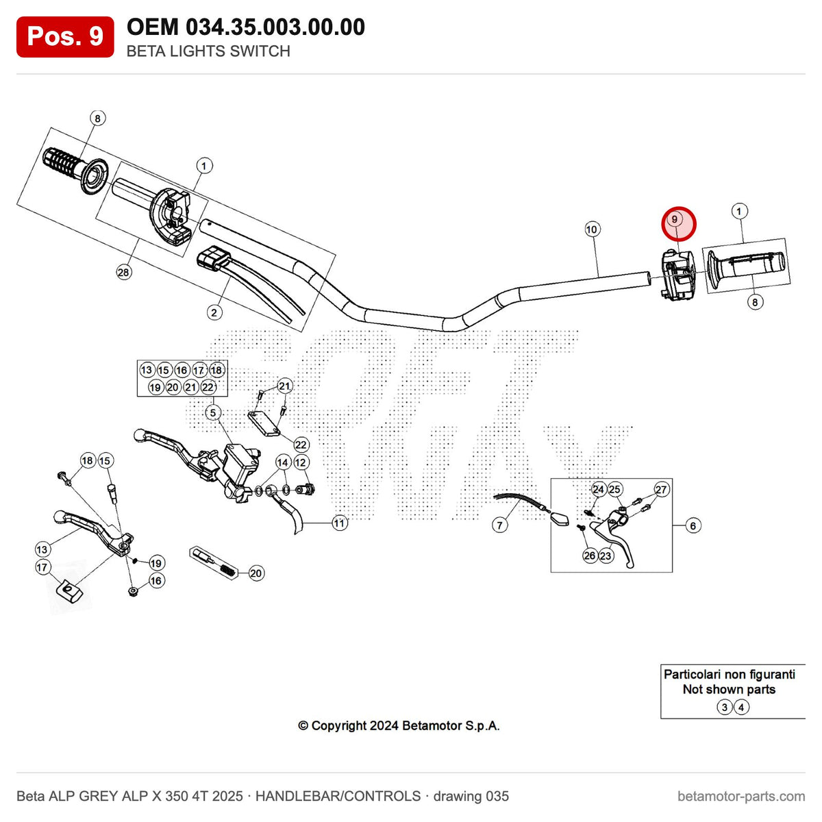 BETA LIGHTS SWITCH – OEM 034.35.003.00.00, position 9 on the Beta ALP GREY ALP X 350 4T 2025 handlebar/controls drawing