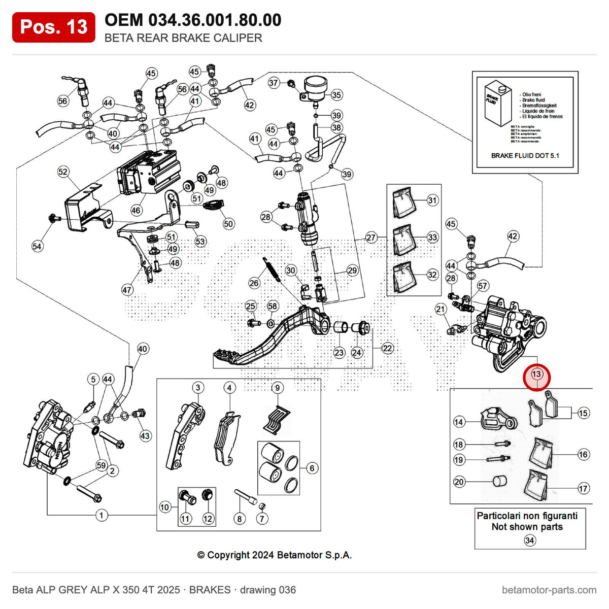 BETA REAR BRAKE CALIPER – OEM 034.36.001.80.00, position 13 on the Beta ALP GREY ALP X 350 4T 2025 brakes drawing