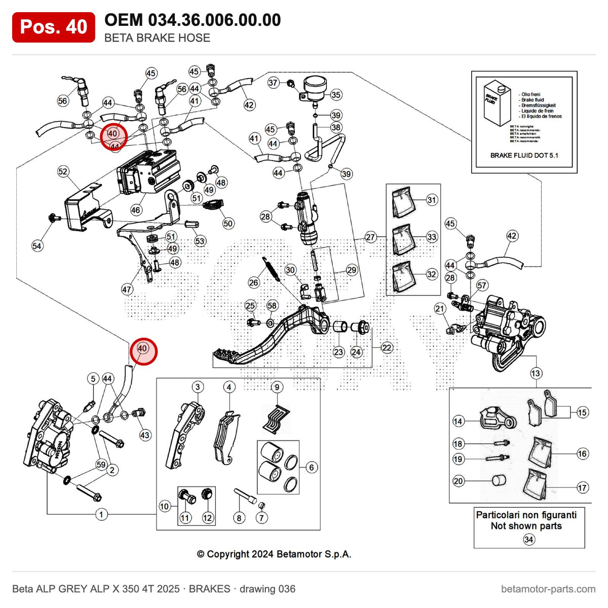 BETA BRAKE HOSE – OEM 034.36.006.00.00, position 40 on the Beta ALP GREY ALP X 350 4T 2025 brakes drawing