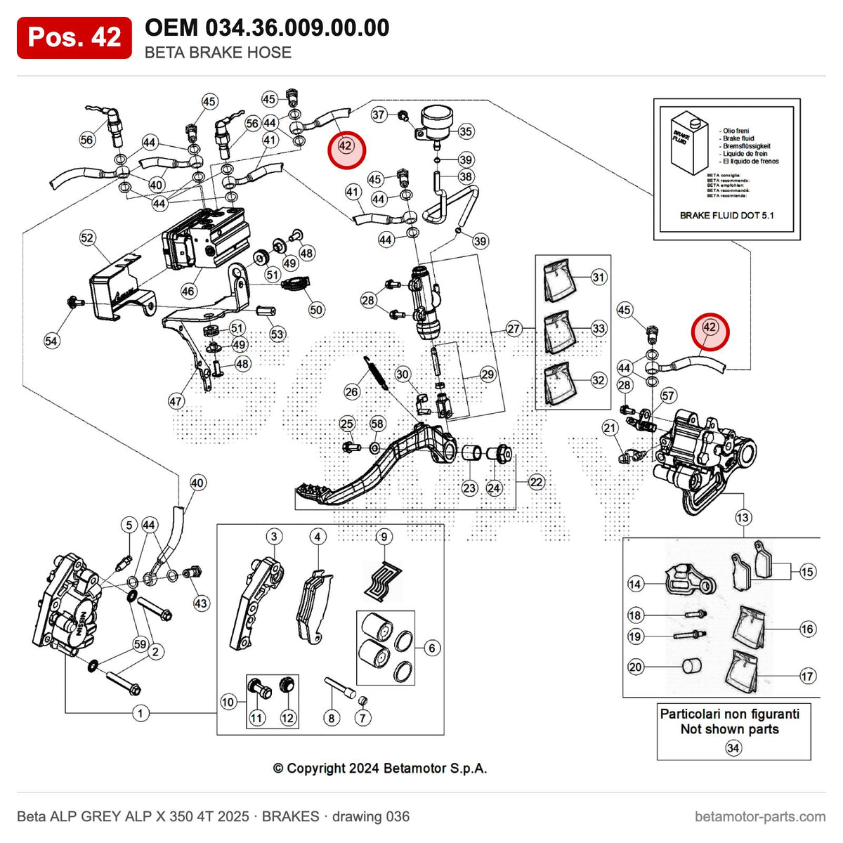 BETA BRAKE HOSE – OEM 034.36.009.00.00, position 42 on the Beta ALP GREY ALP X 350 4T 2025 brakes drawing