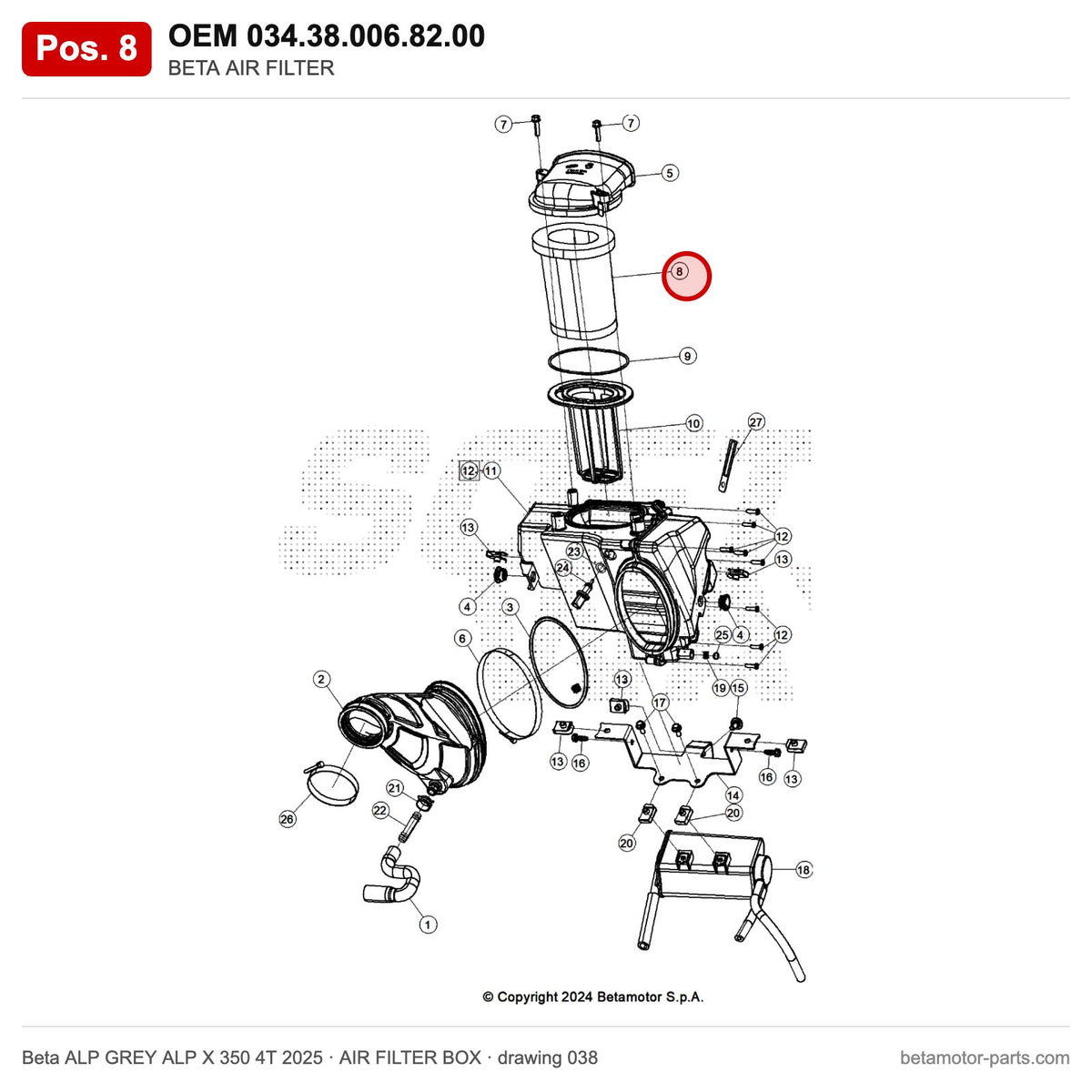 BETA AIR FILTER – OEM 034.38.006.82.00, position 8 on the Beta ALP GREY ALP X 350 4T 2025 air filter box drawing
