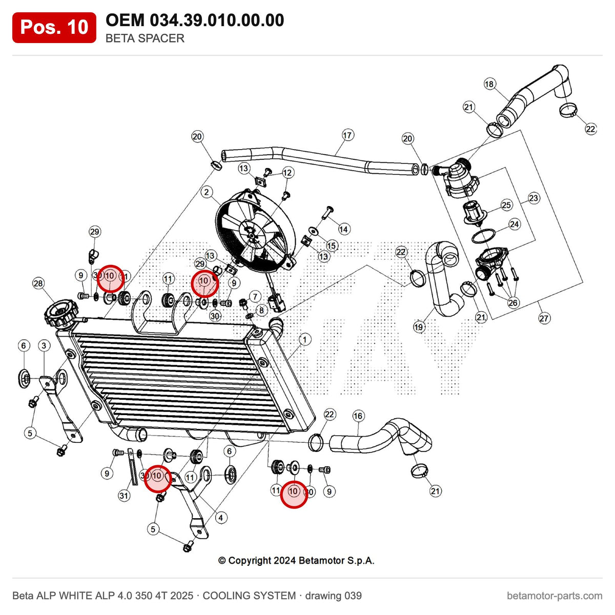 BETA SPACER – OEM 034.39.010.00.00, position 10 on the Beta ALP WHITE ALP 4.0 350 4T 2025 cooling system drawing