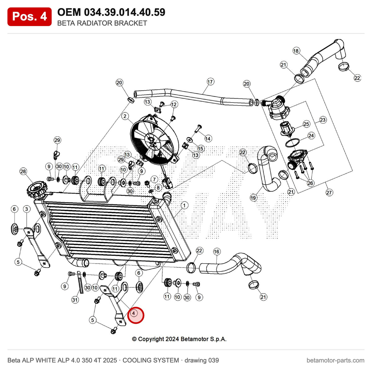 BETA RADIATOR BRACKET – OEM 034.39.014.40.59, position 4 on the Beta ALP WHITE ALP 4.0 350 4T 2025 cooling system drawing