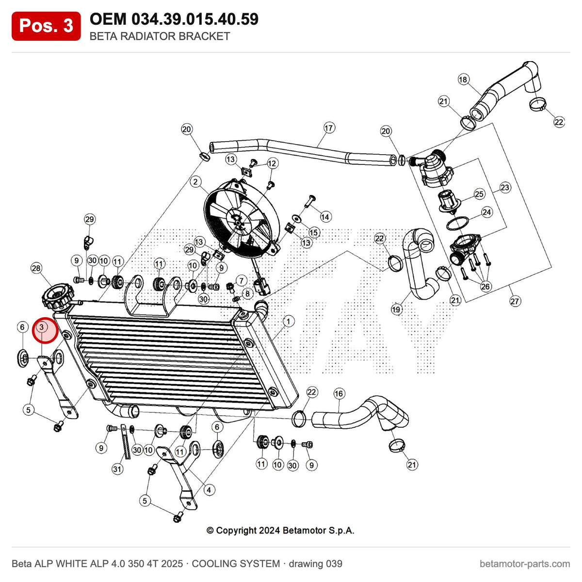 BETA RADIATOR BRACKET – OEM 034.39.015.40.59, position 3 on the Beta ALP WHITE ALP 4.0 350 4T 2025 cooling system drawing