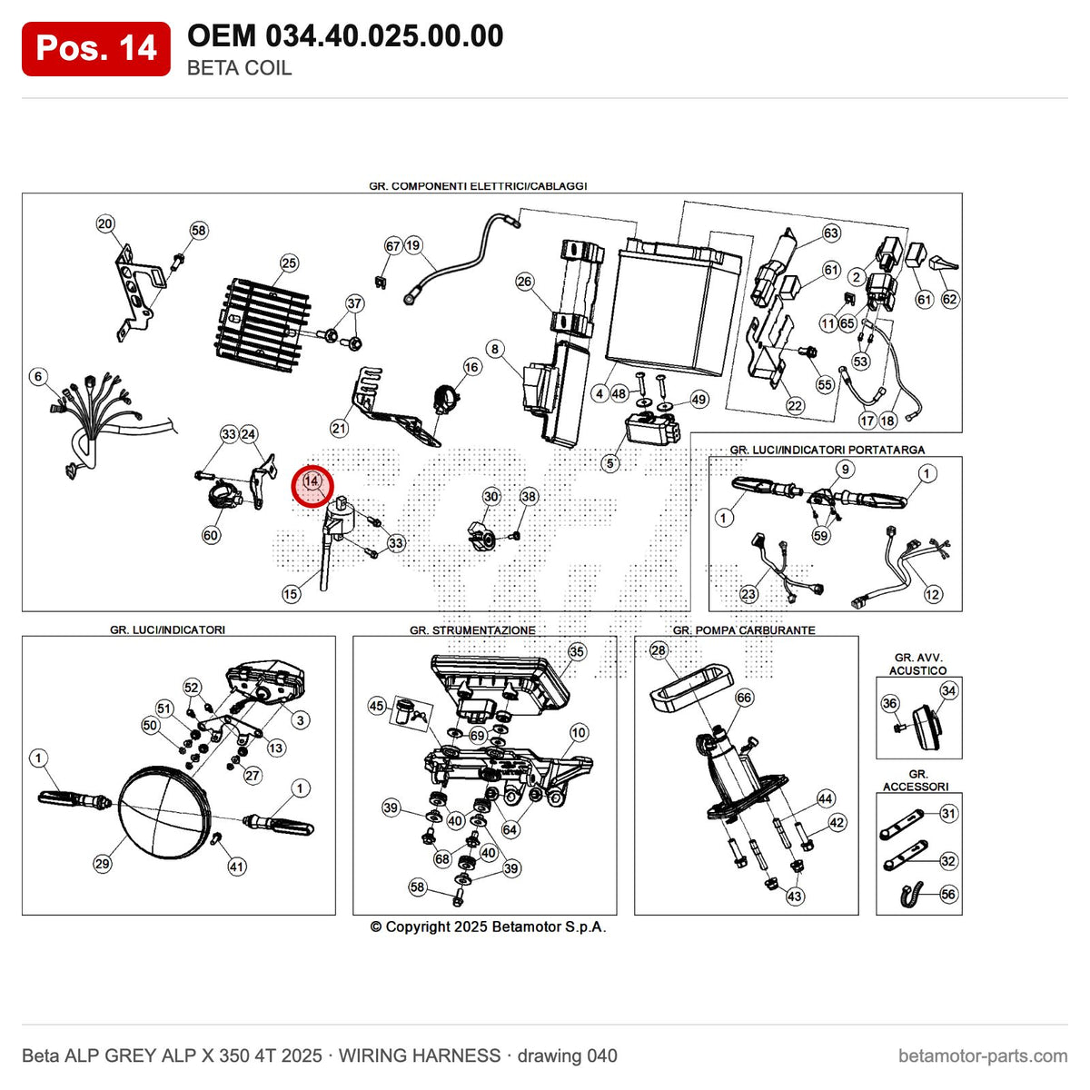 BETA COIL – OEM 034.40.025.00.00, position 14 on the Beta ALP GREY ALP X 350 4T 2025 wiring harness drawing