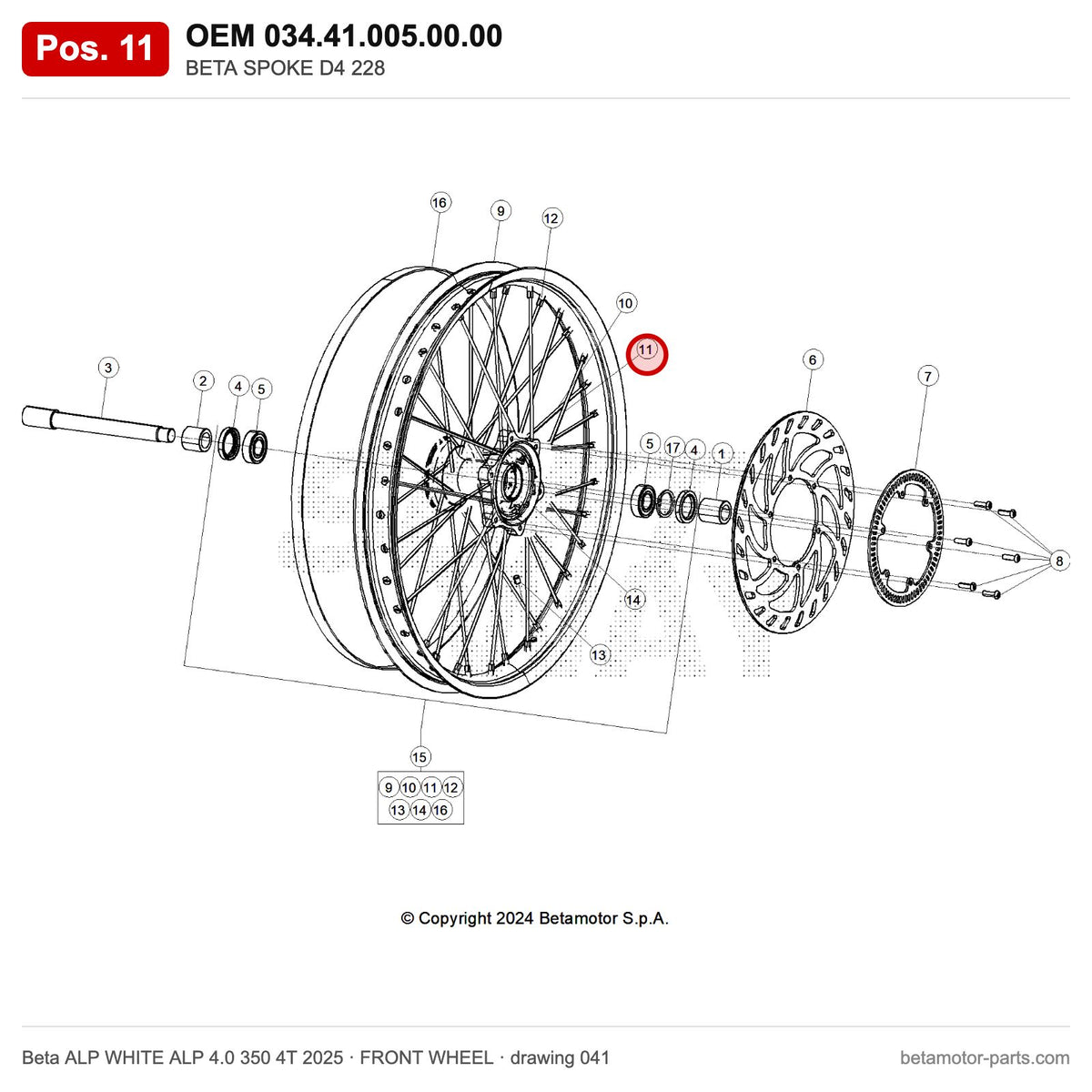 BETA SPOKE D4 228 – OEM 034.41.005.00.00, position 11 on the Beta ALP WHITE ALP 4.0 350 4T 2025 front wheel drawing