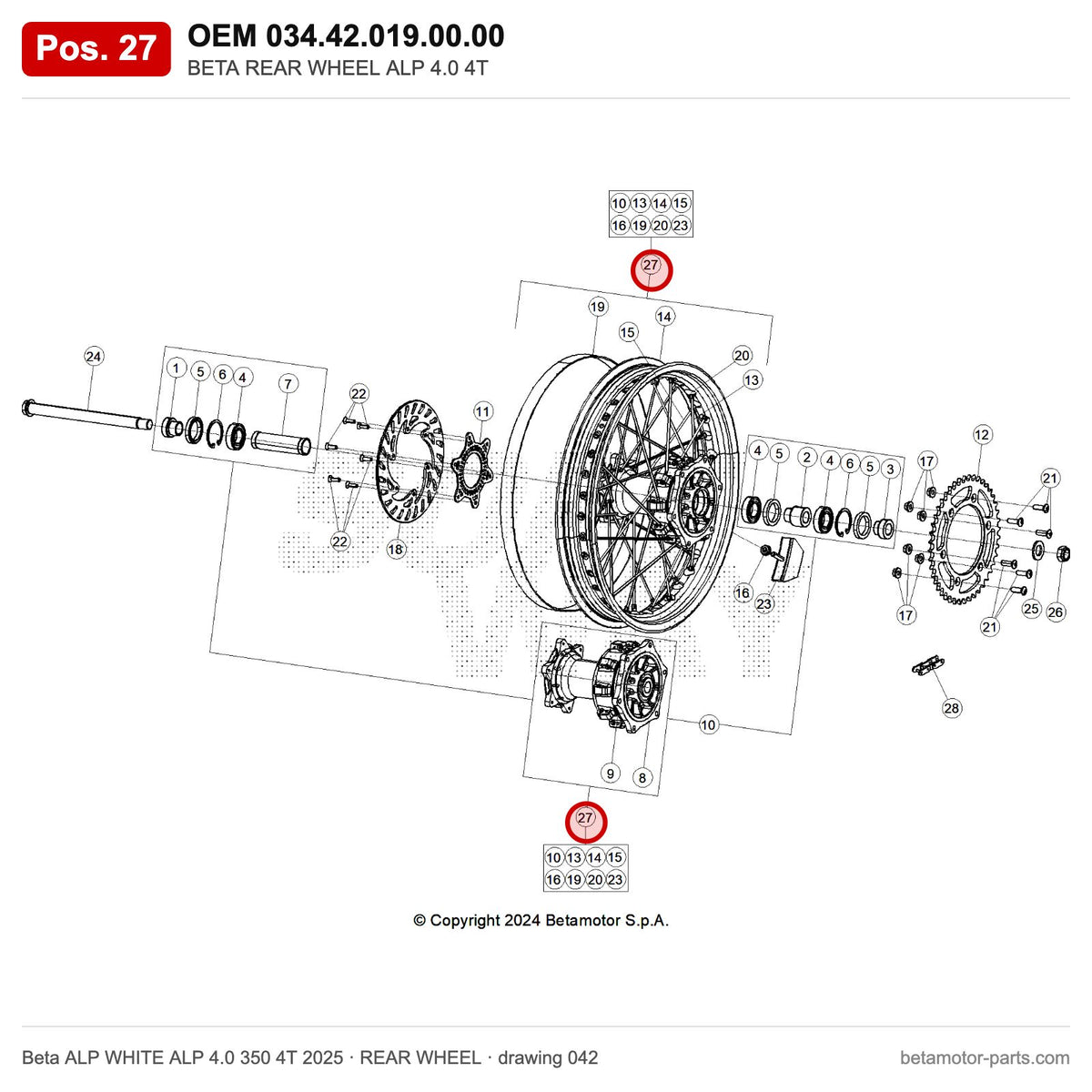 BETA REAR WHEEL ALP 4.0 4T – OEM 034.42.019.00.00, position 27 on the Beta ALP WHITE ALP 4.0 350 4T 2025 rear wheel drawing