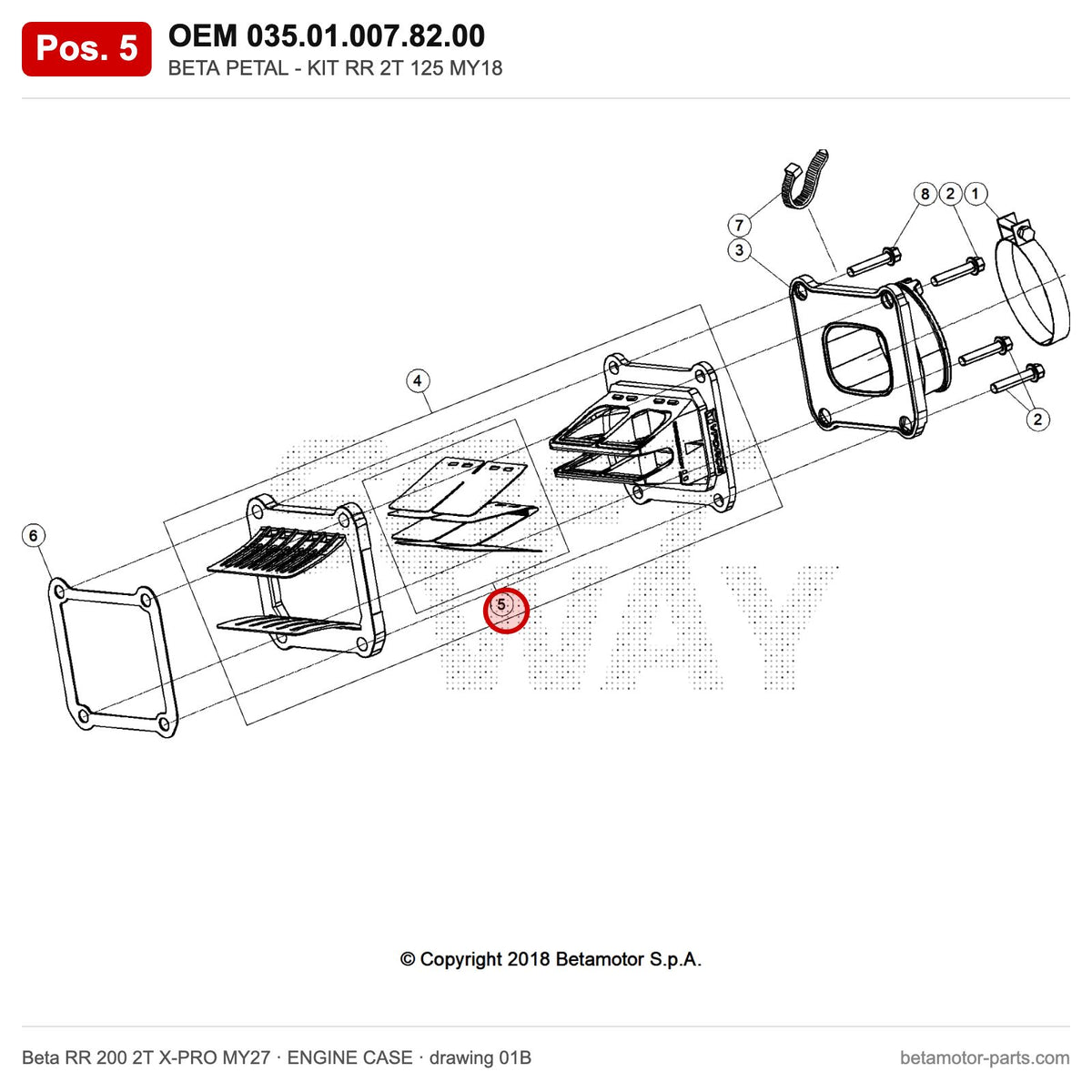 BETA PETAL - KIT RR 2T 125 MY18 – OEM 035.01.007.82.00, position 5 on the Beta RR 200 2T X-PRO MY27 engine case drawing