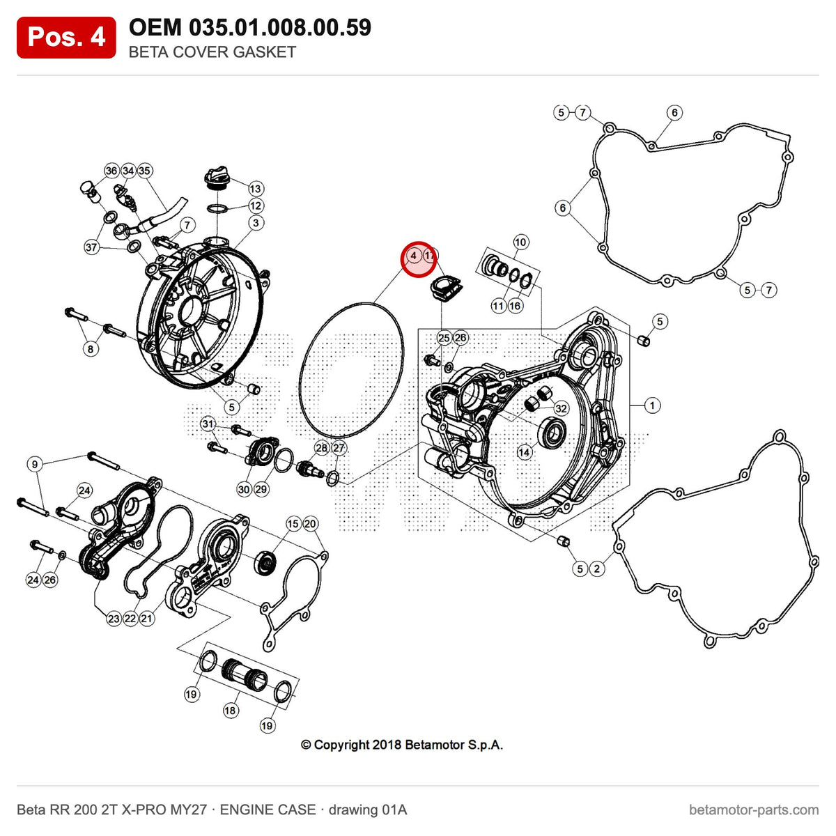 BETA COVER GASKET – OEM 035.01.008.00.59, position 4 on the Beta RR 200 2T X-PRO MY27 engine case drawing