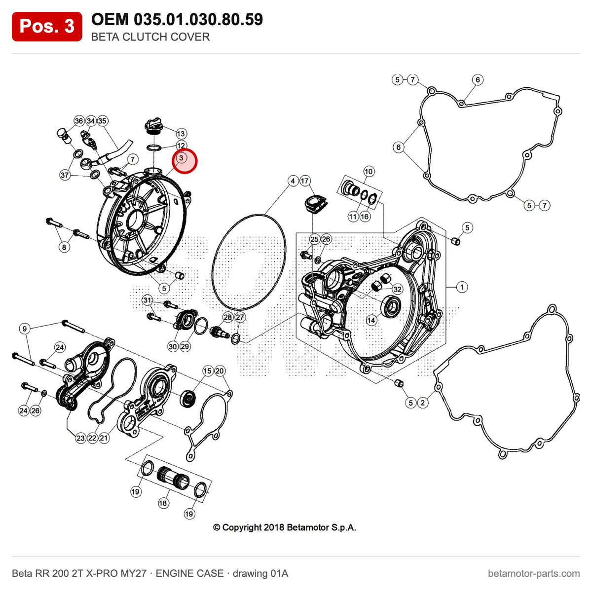 BETA CLUTCH COVER – OEM 035.01.030.80.59, position 3 on the Beta RR 200 2T X-PRO MY27 engine case drawing