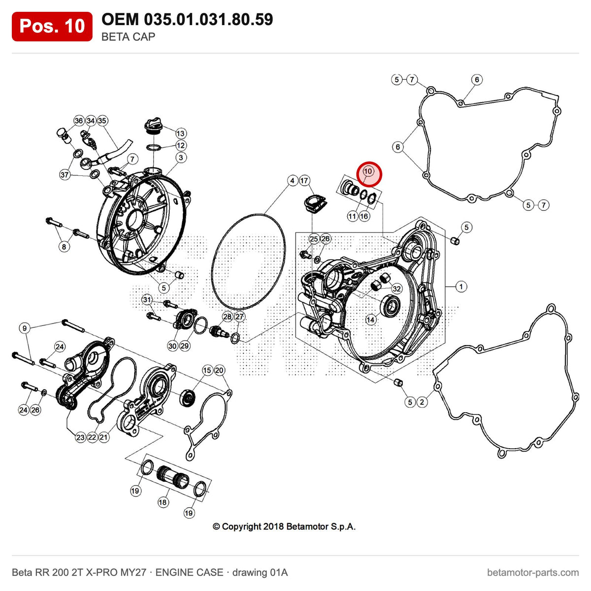 BETA CAP – OEM 035.01.031.80.59, position 10 on the Beta RR 200 2T X-PRO MY27 engine case drawing