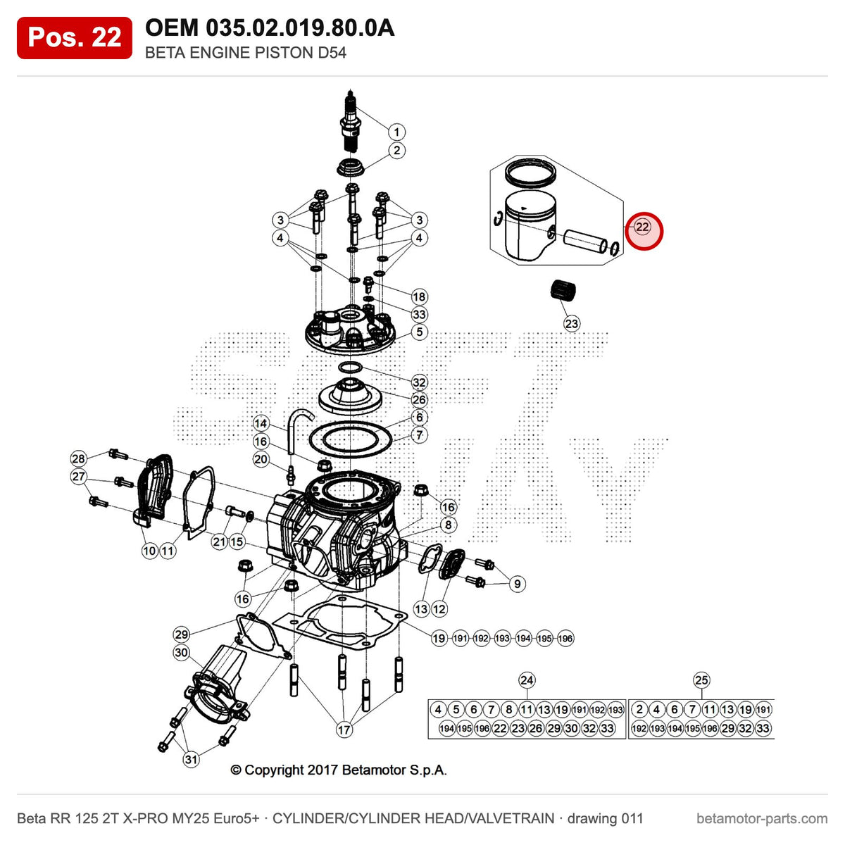 BETA ENGINE PISTON D54 – OEM 035.02.019.80.0A, position 22 on the Beta RR 125 2T X-PRO MY25 Euro5+ cylinder/cylinder head/valvetrain drawing
