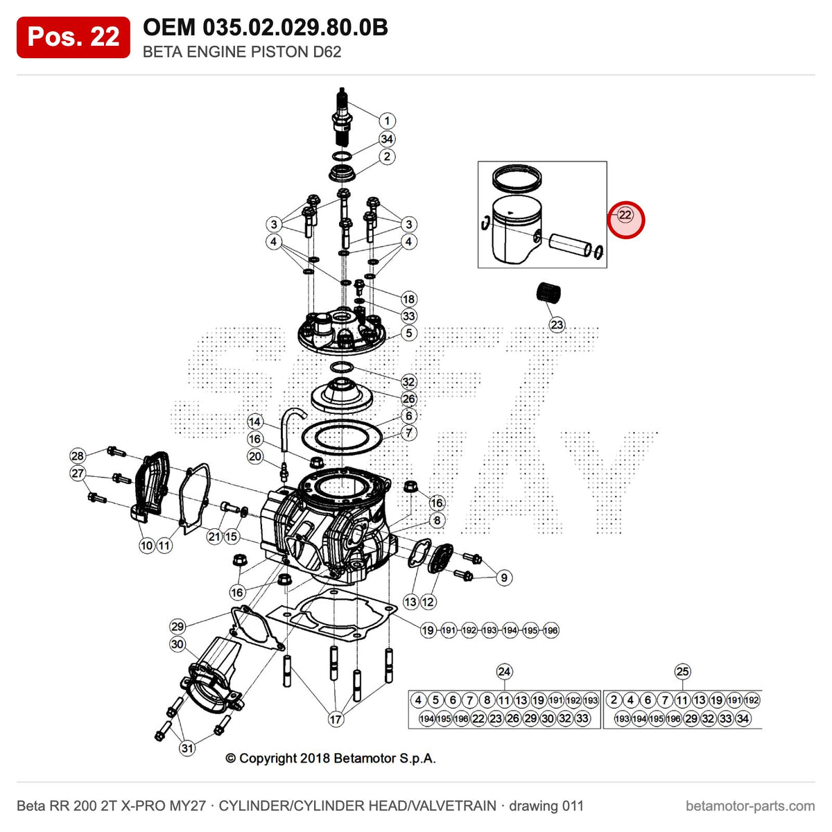 BETA ENGINE PISTON D62 – OEM 035.02.029.80.0B, position 22 on the Beta RR 200 2T X-PRO MY27 cylinder/cylinder head/valvetrain drawing