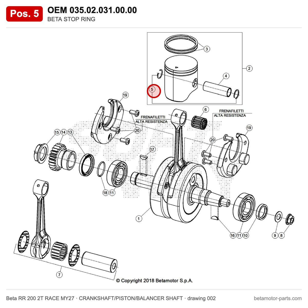 BETA STOP RING – OEM 035.02.031.00.00, position 5 on the Beta RR 200 2T RACE MY27 crankshaft/piston/balancer shaft drawing