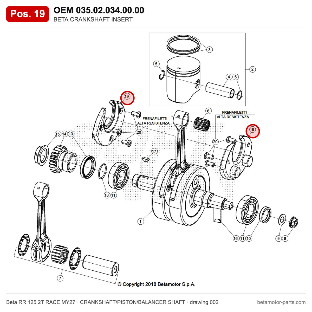 BETA CRANKSHAFT INSERT – OEM 035.02.034.00.00, position 19 on the Beta RR 125 2T RACE MY27 crankshaft/piston/balancer shaft drawing