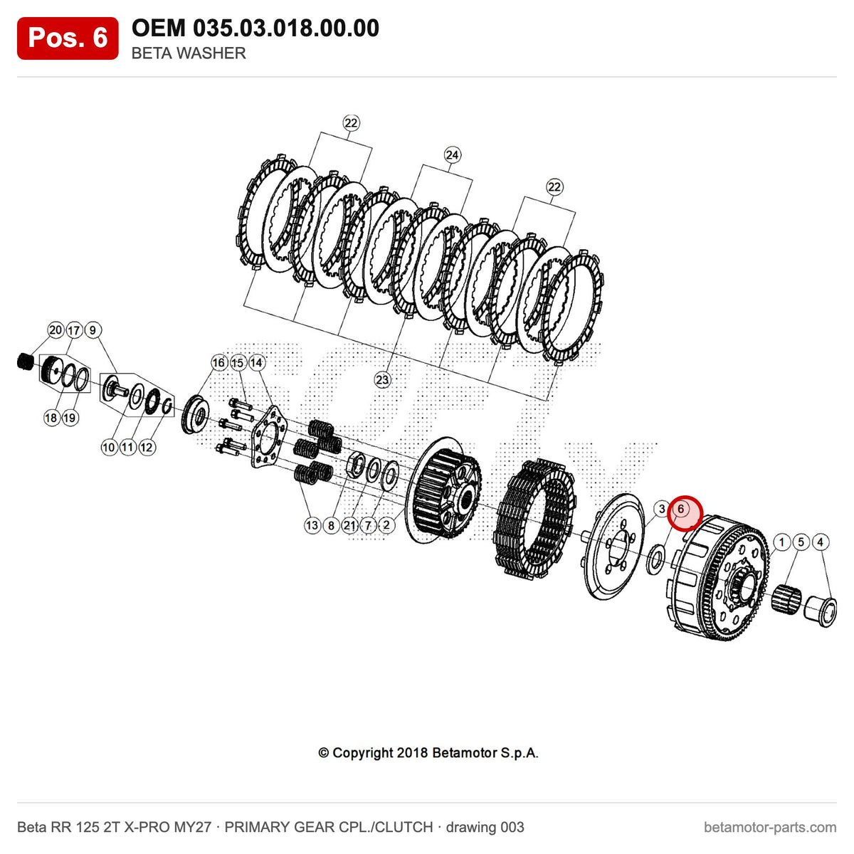 BETA WASHER – OEM 035.03.018.00.00, position 6 on the Beta RR 125 2T X-PRO MY27 primary gear cpl./clutch drawing