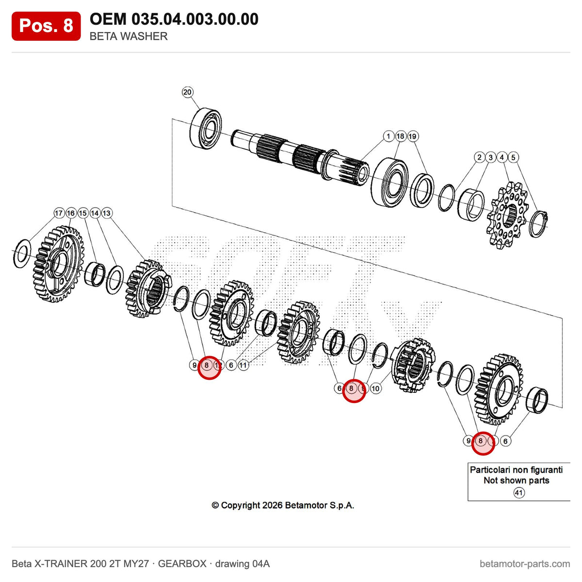 BETA WASHER – OEM 035.04.003.00.00, position 8 on the Beta X-TRAINER 200 2T MY27 gearbox drawing