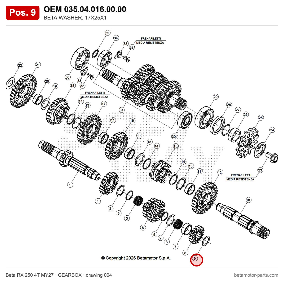BETA WASHER, 17X25X1 – OEM 035.04.016.00.00, position 9 on the Beta RX 250 4T MY27 gearbox drawing