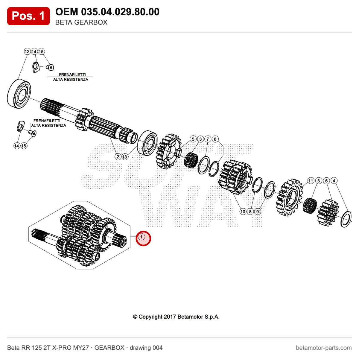 BETA GEARBOX – OEM 035.04.029.80.00, position 1 on the Beta RR 125 2T X-PRO MY27 gearbox drawing