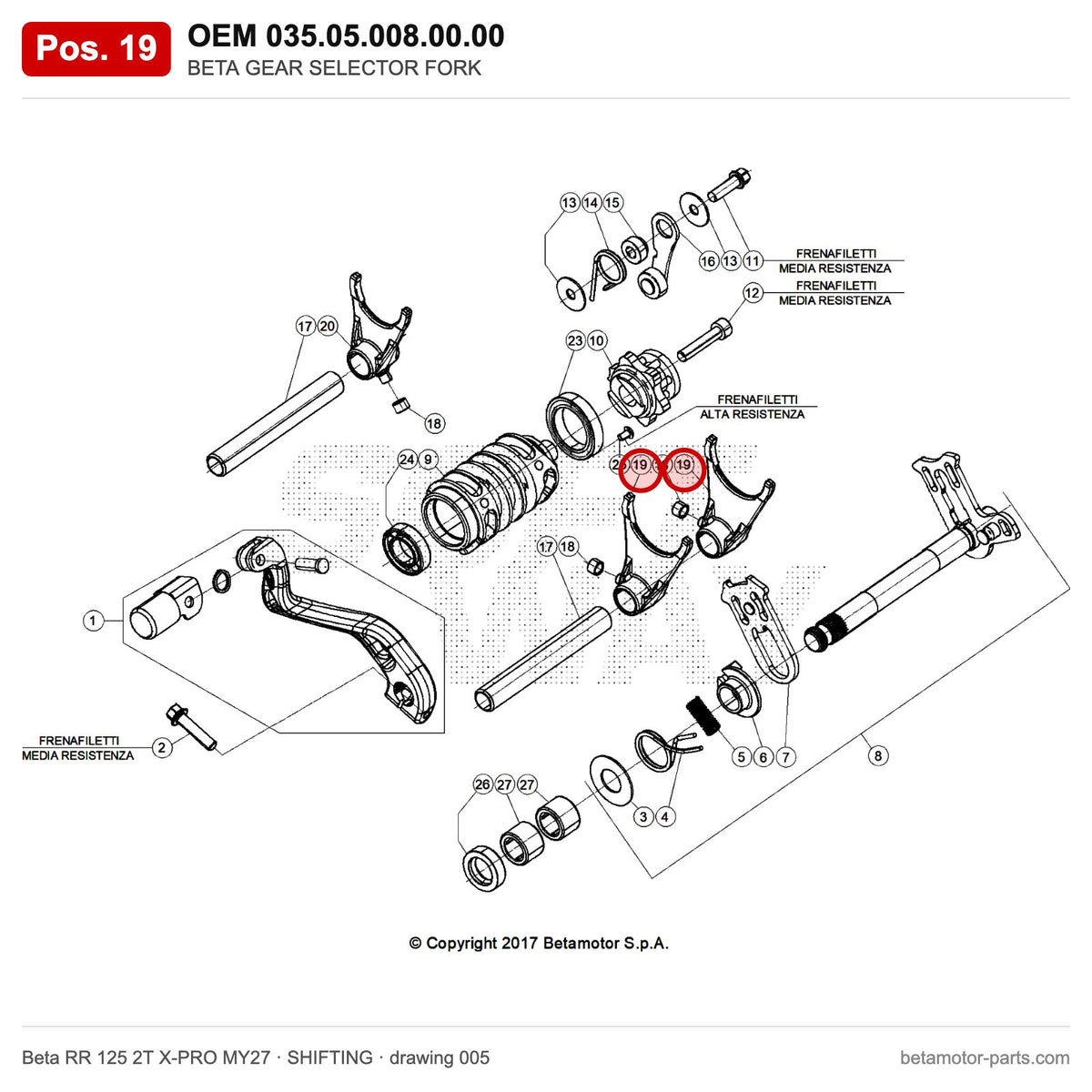 BETA GEAR SELECTOR FORK – OEM 035.05.008.00.00, position 19 on the Beta RR 125 2T X-PRO MY27 shifting drawing
