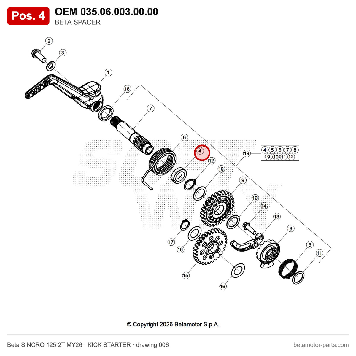 BETA SPACER – OEM 035.06.003.00.00, position 4 on the Beta SINCRO 125 2T MY26 kick starter drawing
