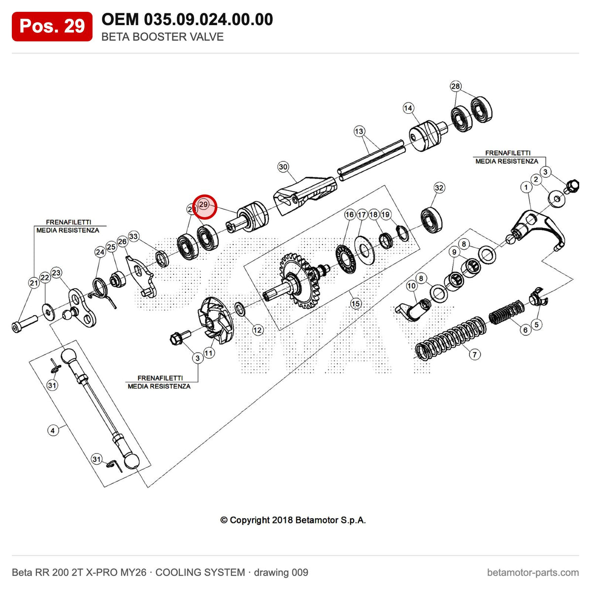 BETA BOOSTER VALVE – OEM 035.09.024.00.00, position 29 on the Beta RR 200 2T X-PRO MY26 cooling system drawing