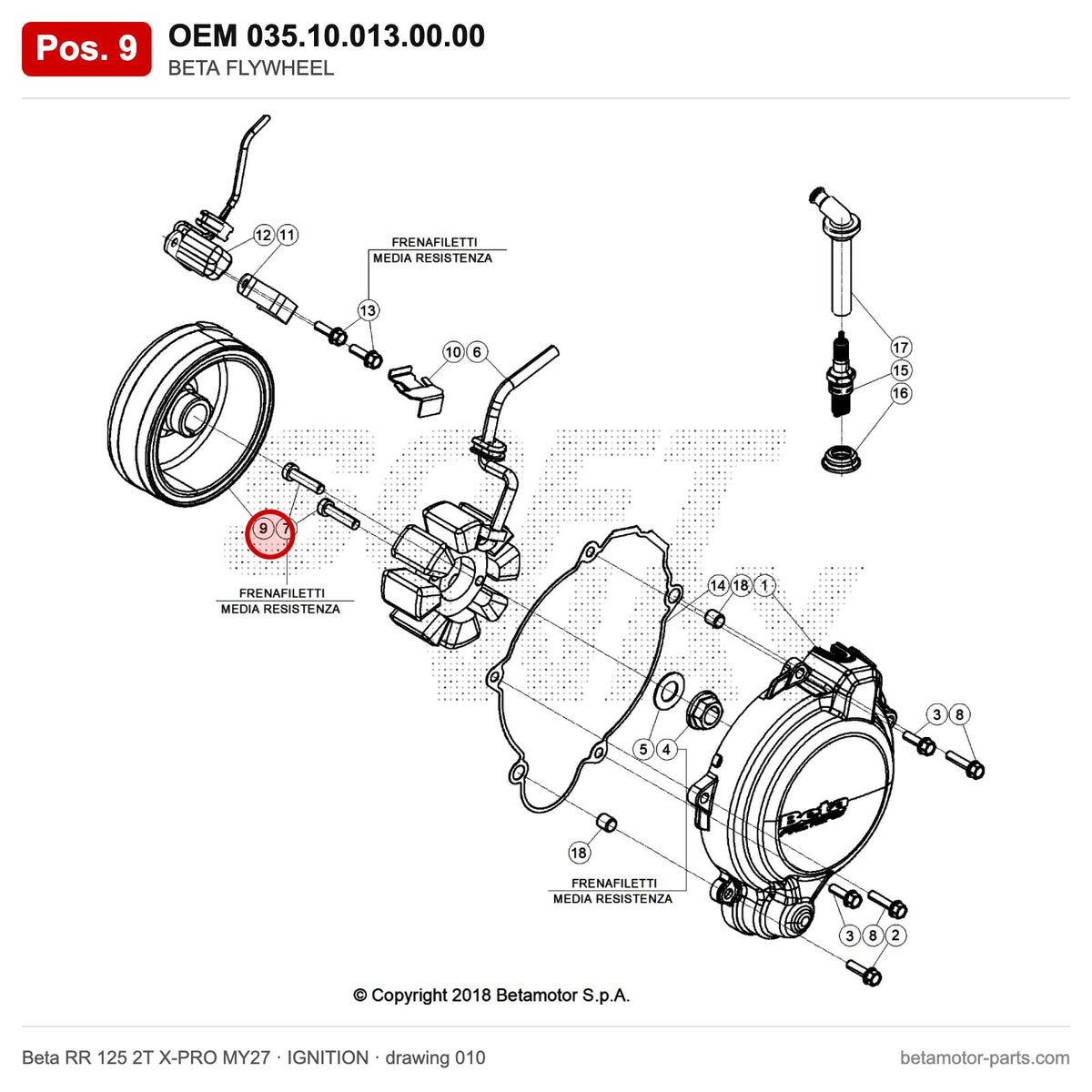 BETA FLYWHEEL – OEM 035.10.013.00.00, position 9 on the Beta RR 125 2T X-PRO MY27 ignition drawing