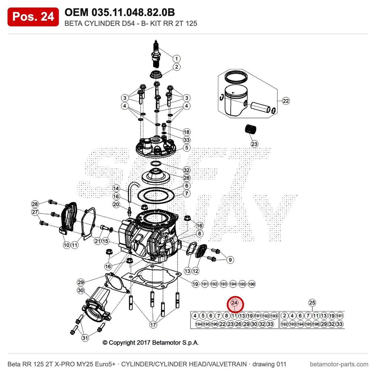 BETA CYLINDER D54 - B- KIT RR 2T 125 – OEM 035.11.048.82.0B, position 24 on the Beta RR 125 2T X-PRO MY25 Euro5+ cylinder/cylinder head/valvetrain drawing