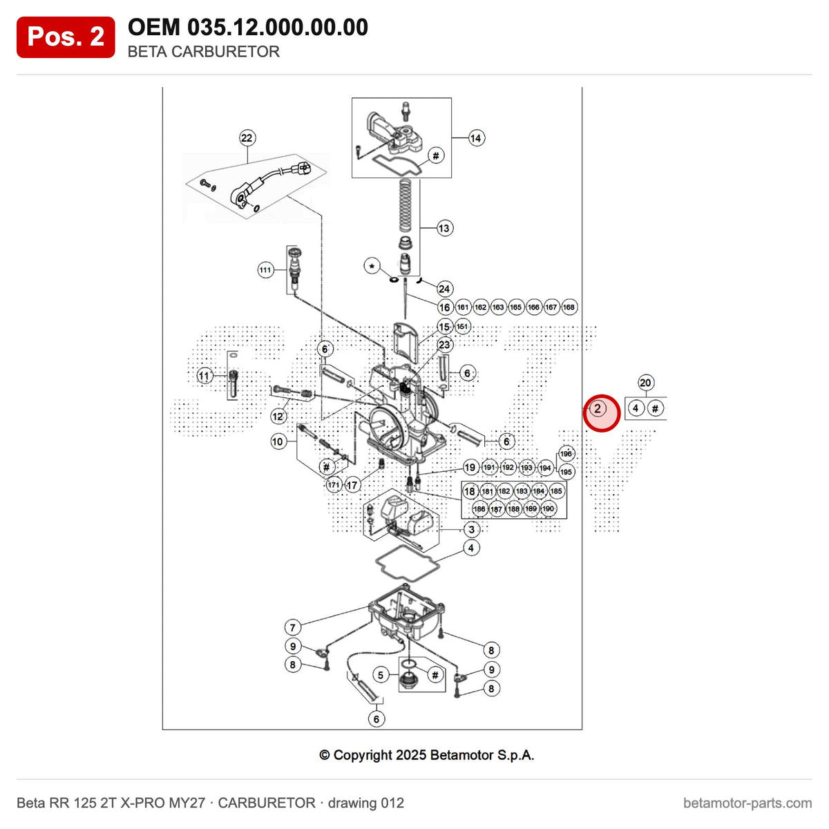 BETA CARBURETOR – OEM 035.12.000.00.00, position 2 on the Beta RR 125 2T X-PRO MY27 carburetor drawing
