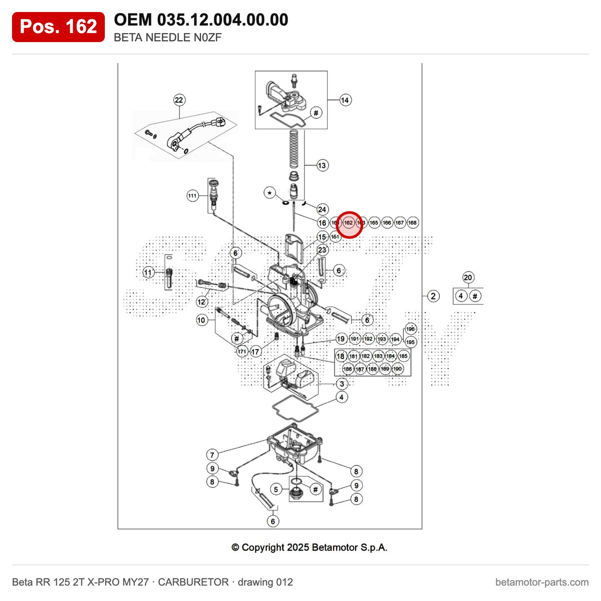 BETA NEEDLE N0ZF – OEM 035.12.004.00.00, position 162 on the Beta RR 125 2T X-PRO MY27 carburetor drawing