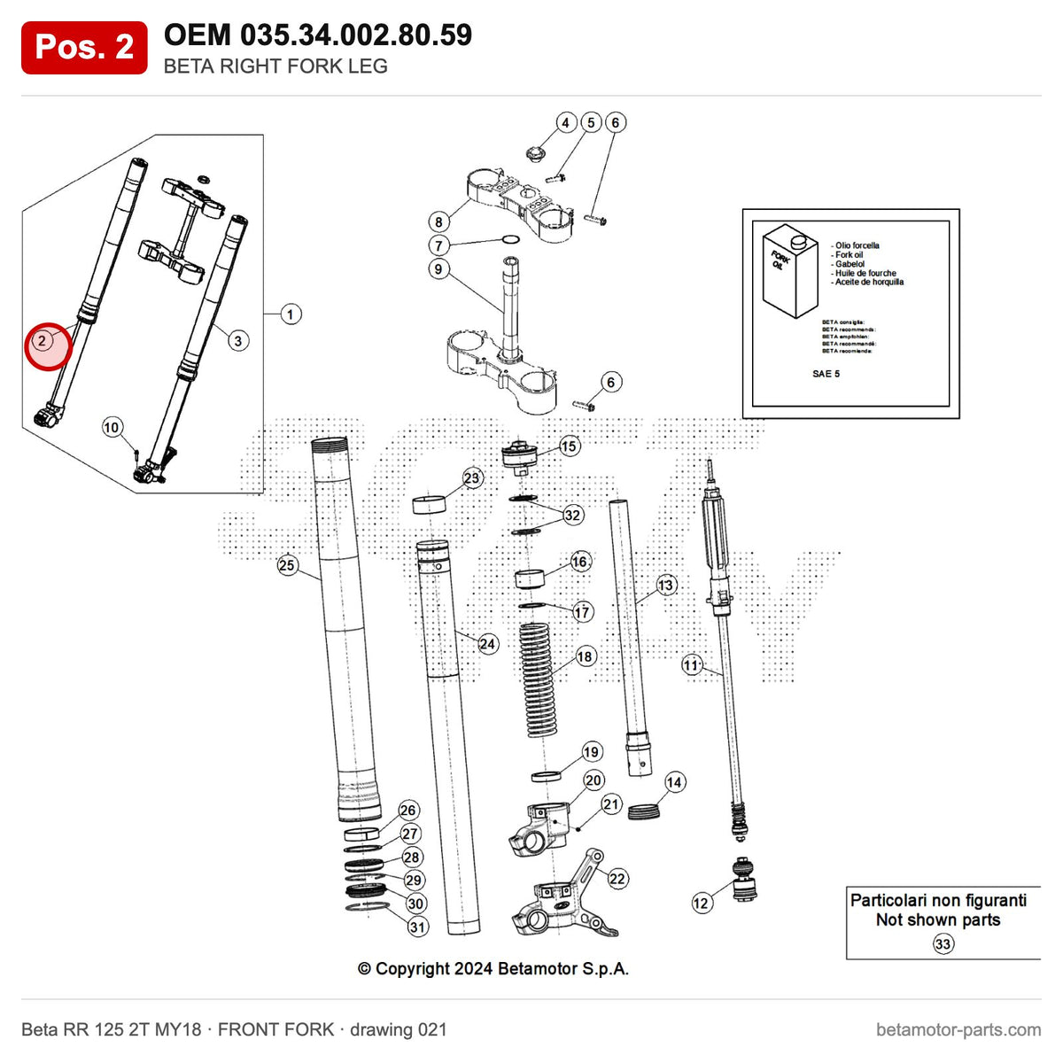 BETA RIGHT FORK LEG – OEM 035.34.002.80.59, position 2 on the Beta RR 125 2T MY18 front fork drawing