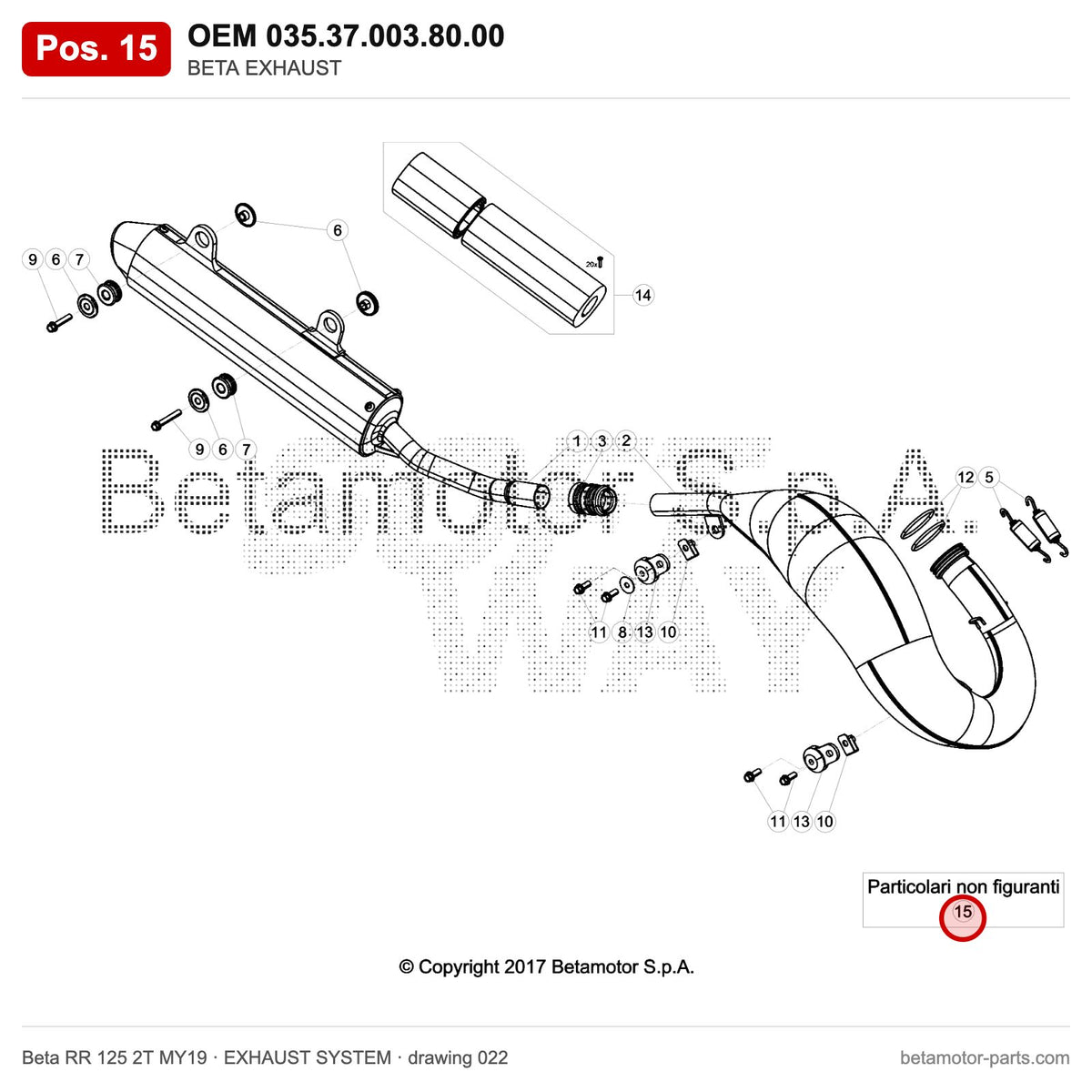 BETA EXHAUST – OEM 035.37.003.80.00, position 15 on the Beta RR 125 2T MY19 exhaust system drawing