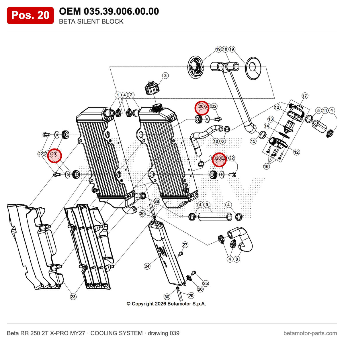 BETA SILENT BLOCK – OEM 035.39.006.00.00, position 20 on the Beta RR 250 2T X-PRO MY27 cooling system drawing