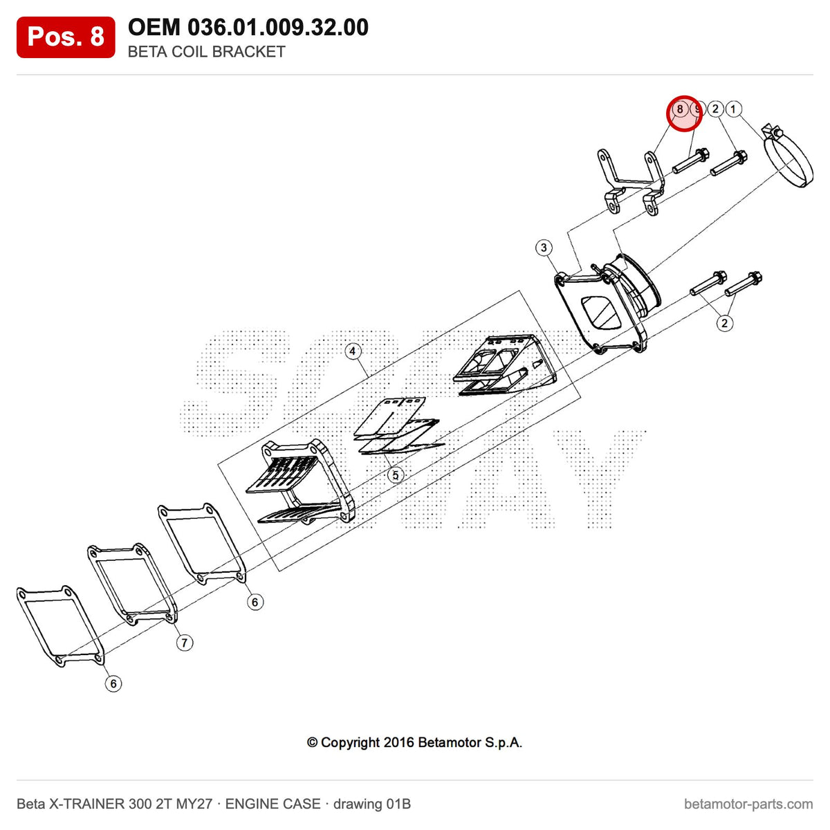 BETA COIL BRACKET – OEM 036.01.009.32.00, position 8 on the Beta X-TRAINER 300 2T MY27 engine case drawing